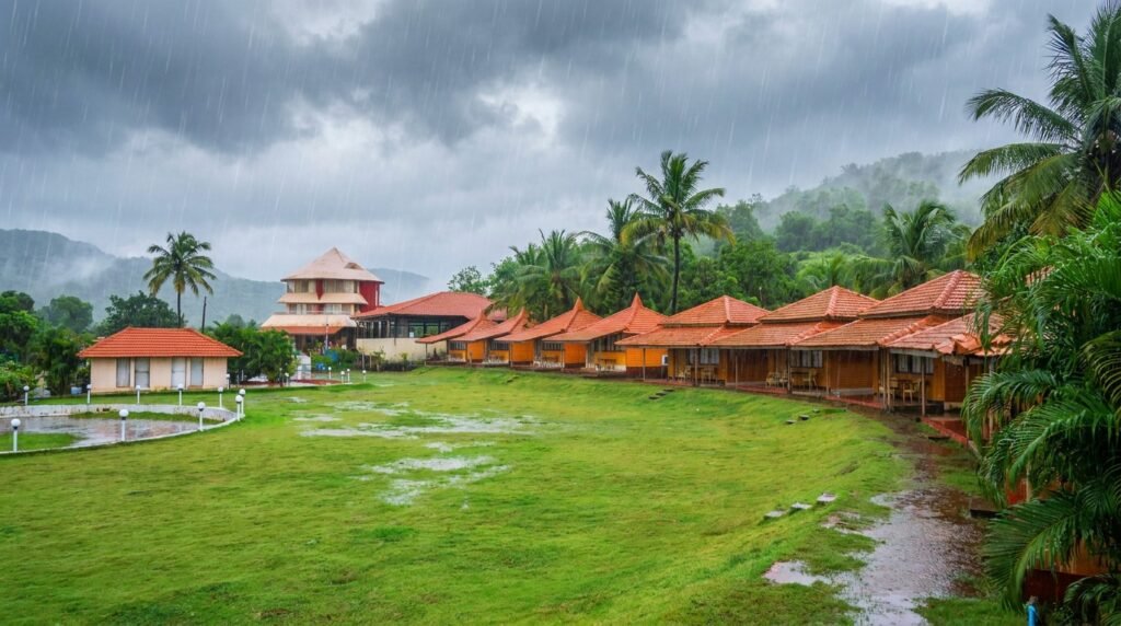monsoon staycation in Dapoli - sea view room with rain over Arabian Sea