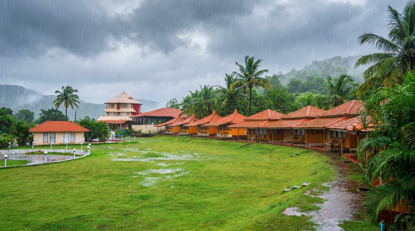 monsoon staycation in Dapoli - sea view room with rain over Arabian Sea